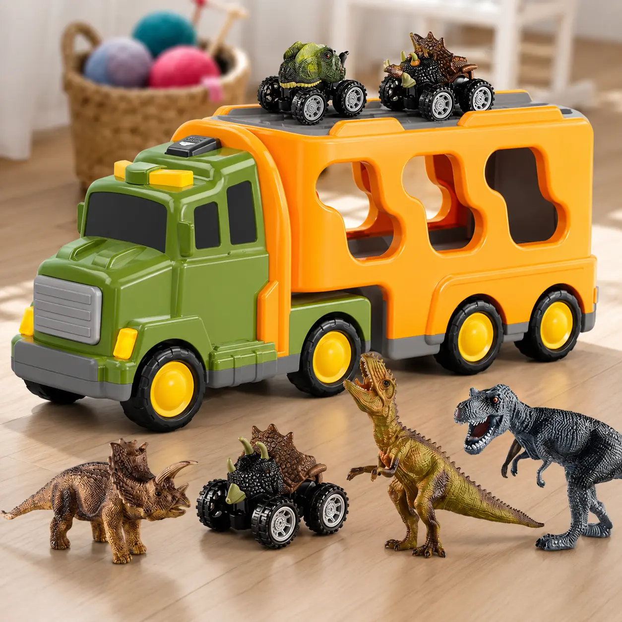 Spacious Storage Dinosaur Animal Carrier Truck Toy with Light&Sound Effects for Toddlers 3-6,Complete Kit with 3 Realistic Dinosaur Models&3 Dinosaur Mini Cars,Dual-Function Educational Role Play Toy&Sensory Fidget Toy to Release Kids Anxiety,Gift for Kid