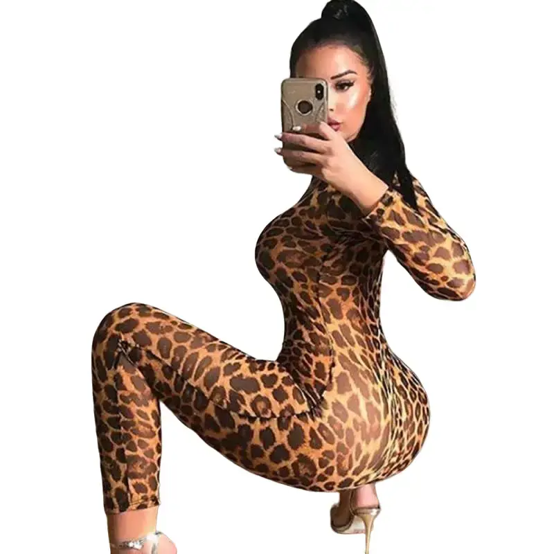 Women's Leopard Print Long Sleeve Jumpsuits - Slim Fit Street Style - Trouser - Tops, Bodysuits