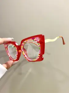 Colorblock Cat Eye Frame Glasses, Trendy Eyeglasses for Women, Fashion Eyeglasses for Daily Wear, Metal Frame Legs, Trending Glasses