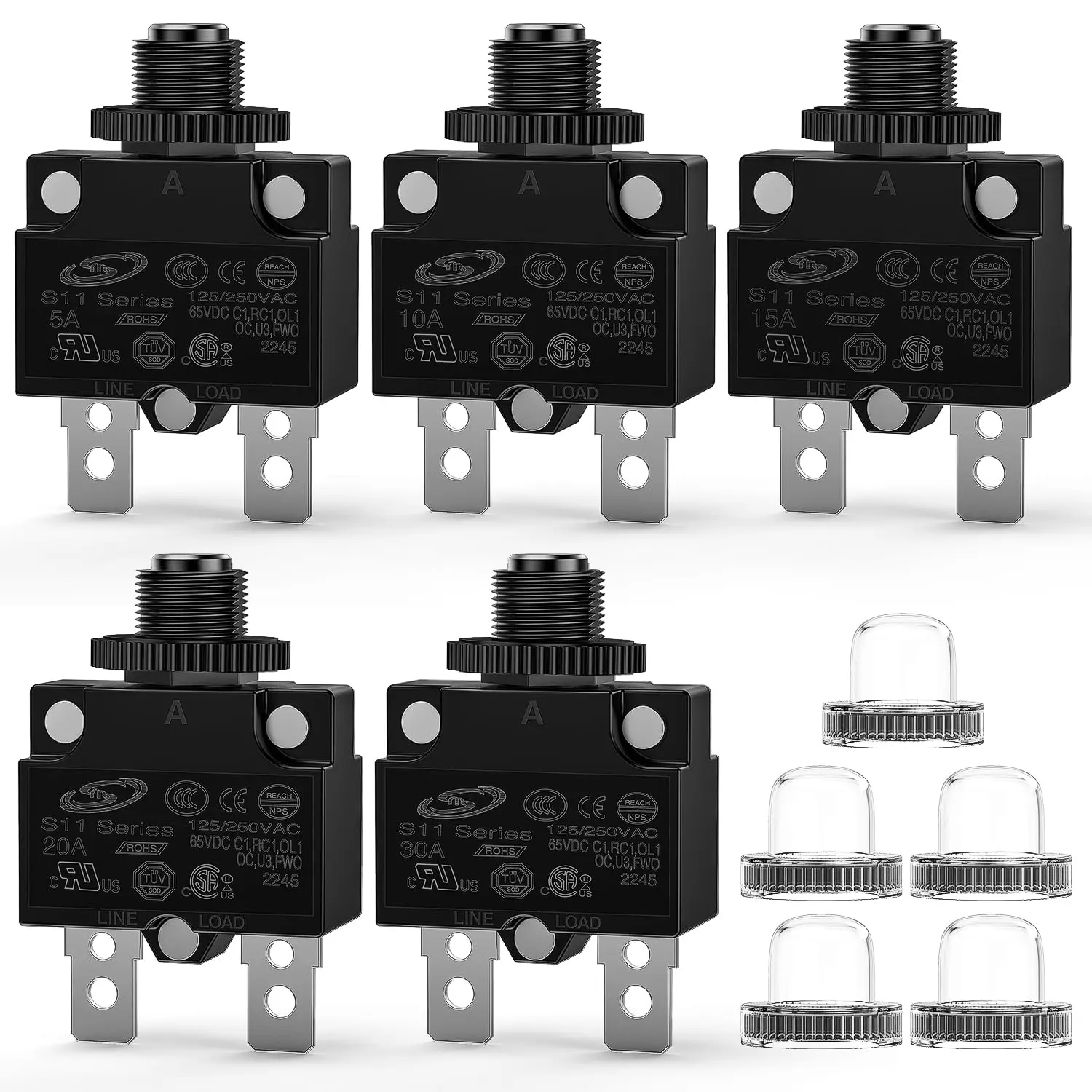 5PCS 5/10/15/20/30A Thermal Circuit Breaker 125/250V AC 65V DC| Push Button Manual Reset Overload Protector Waterproof Cap Auto Trip Resettable for Industrial 12-24V Cars