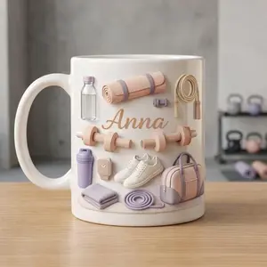 Personalized 2D Printed 3D Effect Fitness Ceramic Mug Custom Name for Gym Lovers and Yoga Enthusiasts Workout Motivation Decor Unique Birthday Gift Idea for Her Featuring Realistic Sports Gear Graphic Design