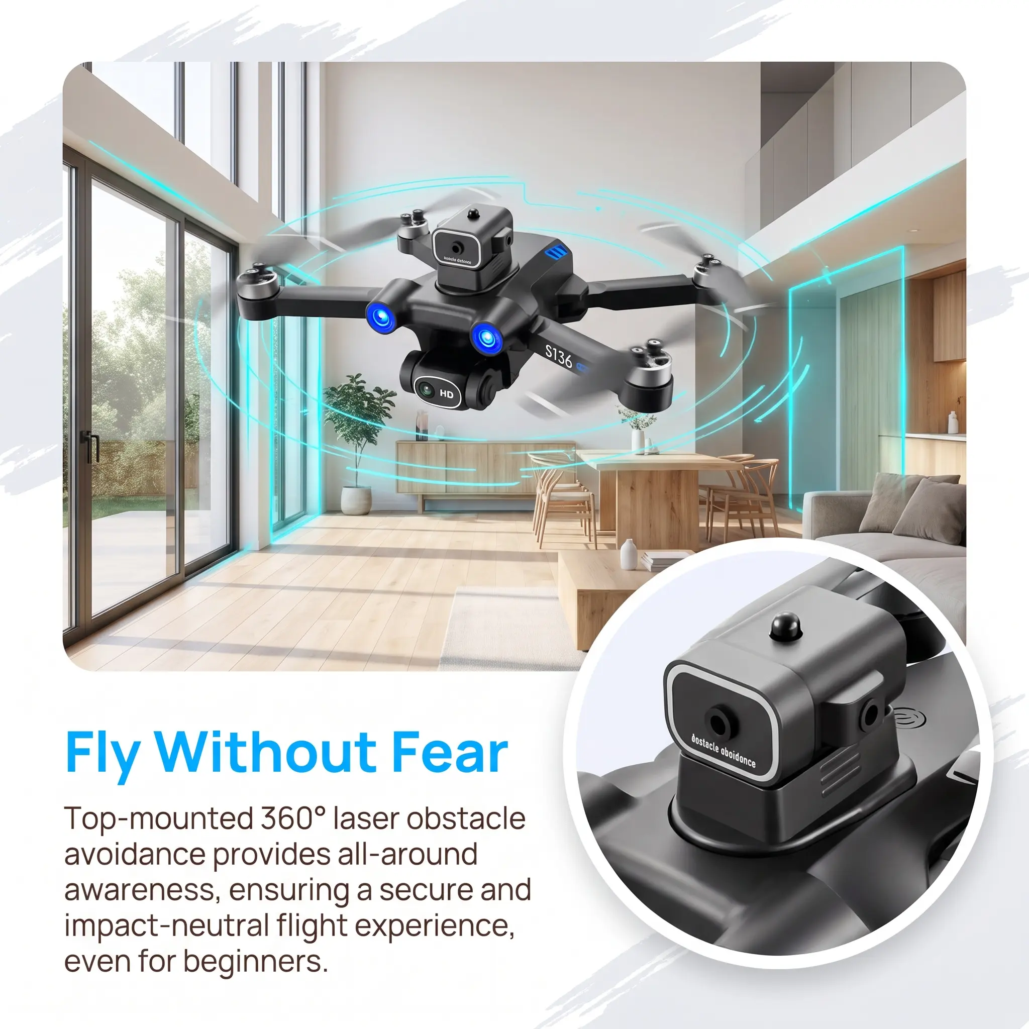S136 Mini GPS Drone for Adults, 360° Full Obstacle Avoidance, 90° Electric‑Adjust Dual HD Camera, Brushless Motor, GPS Auto Return Home, 50X Zoom Foldable RC Quadcopter with Carry Bag for Aerial Photography 4 k