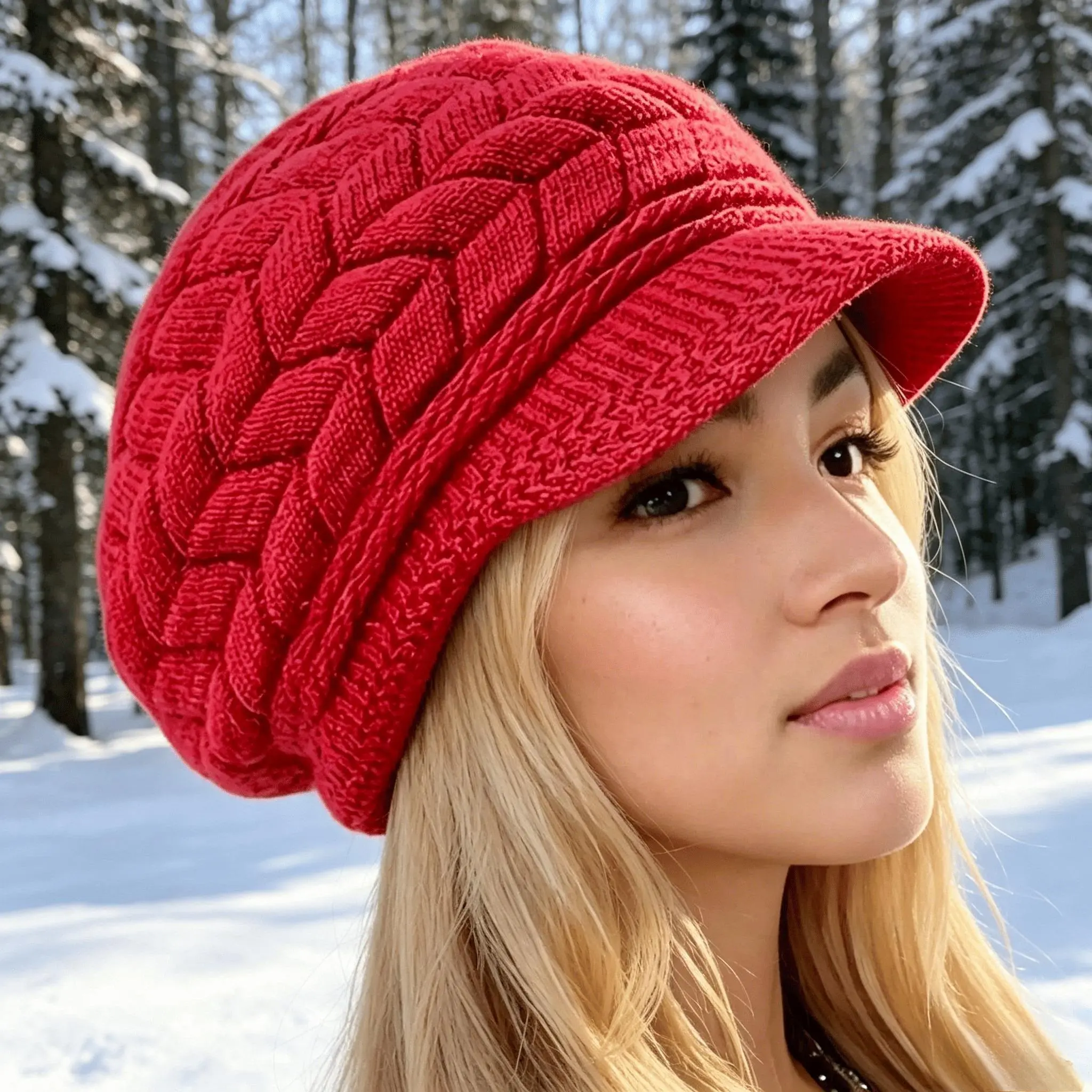 Women's Winter Cable Knit Slouchy Beanie Hat with Ear Flaps & Fringe Trim, Thick Stretchy Warm Machine Washable Yarn Bonnet, Blonde Hair Friendly Fashion Winter Accessory