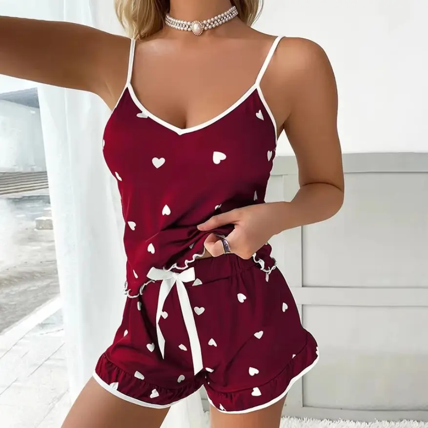 2026 Summer Pajama 2Pcs Set Large Size Vest Ruffle Shorts Women's Suspenders Soft Casual Cute Printed Women pajamas set Sexy Bow