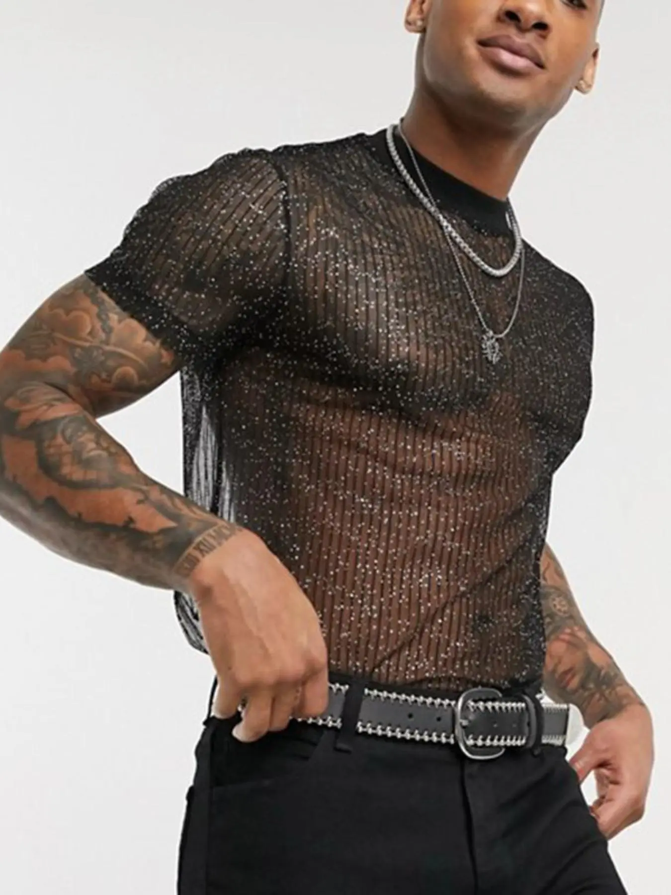 LGBTQ+ Men's Glitter Sheer Drop Shoulder Tee, Fashion Streetwear Casual Regular Fit Short Sleeve Round Neck T-Shirt for Daily Outdoor Wear, Men's Top for Summer, Fitted