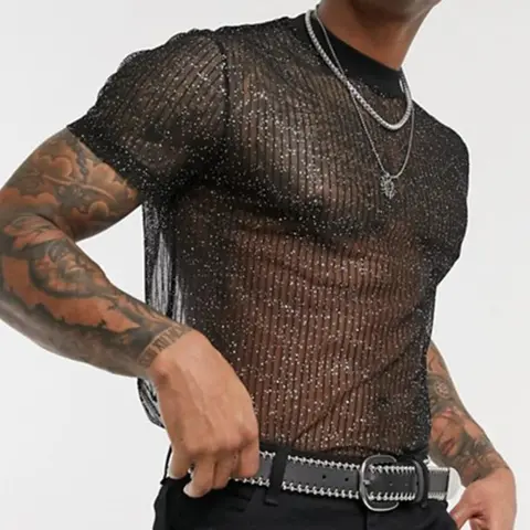 LGBTQ+ Men's Glitter Sheer Drop Shoulder Tee, Fashion Streetwear Casual Regular Fit Short Sleeve Round Neck T-Shirt for Daily Outdoor Wear, Men's Top for Summer, Fitted