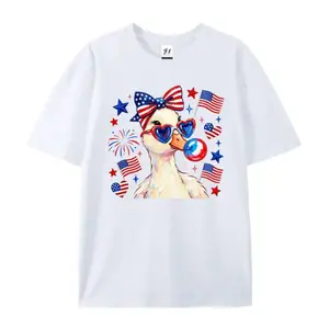 [100% Cotton] Preppy Patriotic Goose T-Shirt, Coquette 4th of July Duck Shirt, Brushstroke Patriotic Graphic Tee, Cute Americana Summer Shirt Leopard