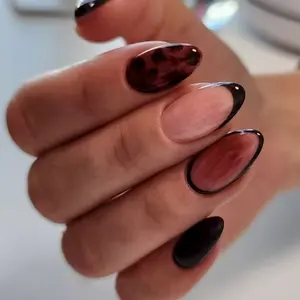 24pcs Long Almond Nail Leopard Print French Design Press-On Nails Set, Perfect Fit Acrylic False Nails, Easy Wear for Parties Dance Daily Use
