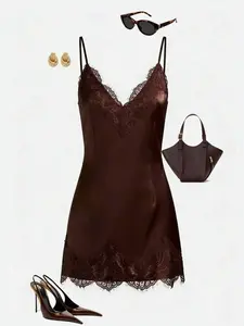 Women's Solid Color Lace Patchwork Spaghetti Strap Mini Dress - Elegant Casual Style