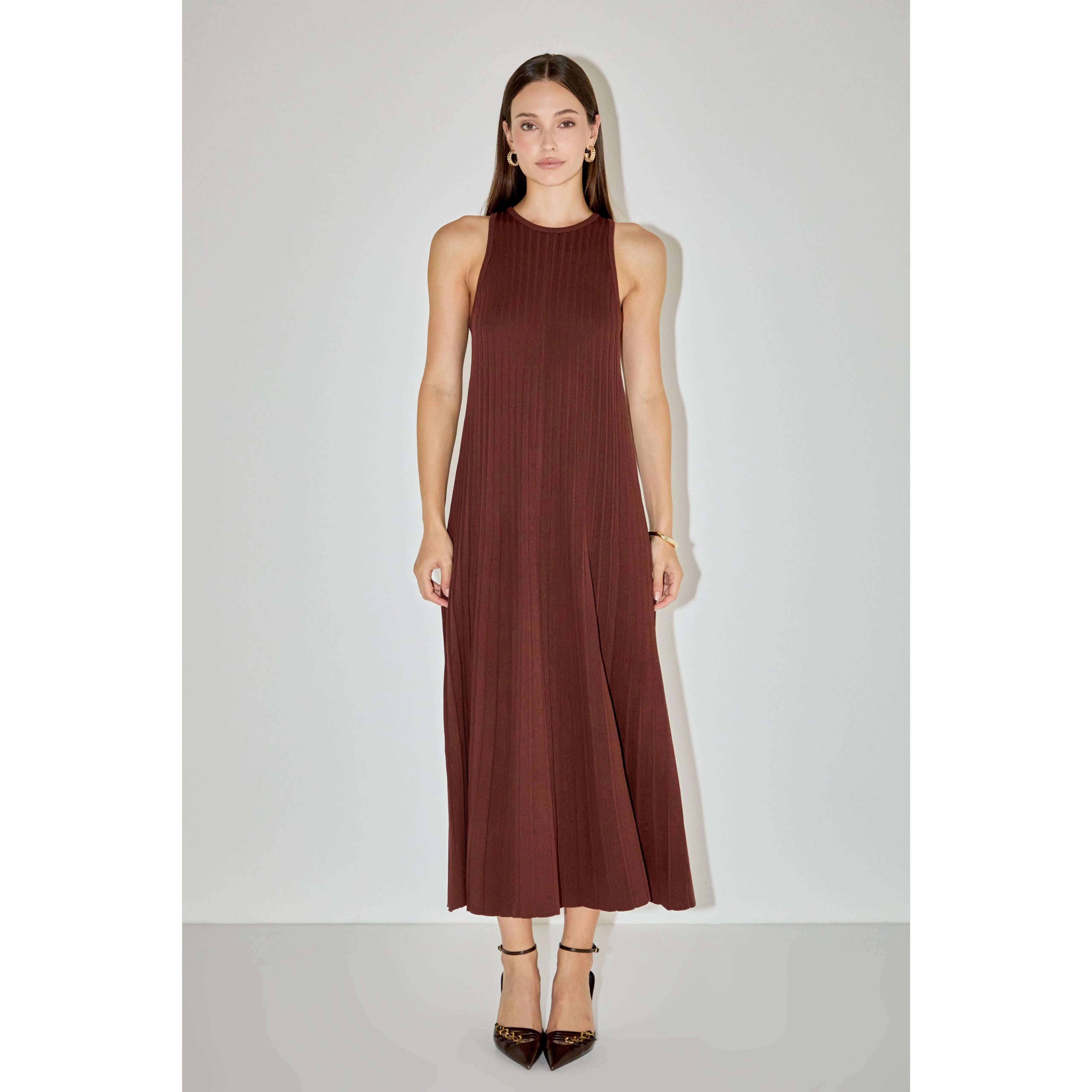 Pleated A-line Knit Midi Dress