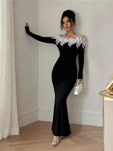 A fashionable black mesh patchwork lace dress for women, with mesh patchwork off the shoulder, slim fit to show off the figure, suitable for commuting to work, shopping and outdoor activities, indoor and outdoor dressing