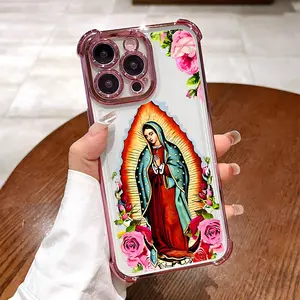 Virgin Mary Flower Pattern Phone Case, Electroplated Cover with Airbag Shockproof Slim Soft TPU Cover for iPhone 11 12 13 14 15 16 17 Pro Max Plus Air