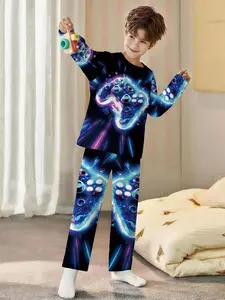 Glare Tech-Style 2-Piece Boys' Digital Print Long-Sleeve Pajamas with Extended Sleep Pants, Flame-Retardant Fabric, Fashionable, Trendy, Casual, Comfortable and Soft Pajama Set, Suitable for Sleeping and Home Leisure, 100% Polyester for Boys' Home Wear, P