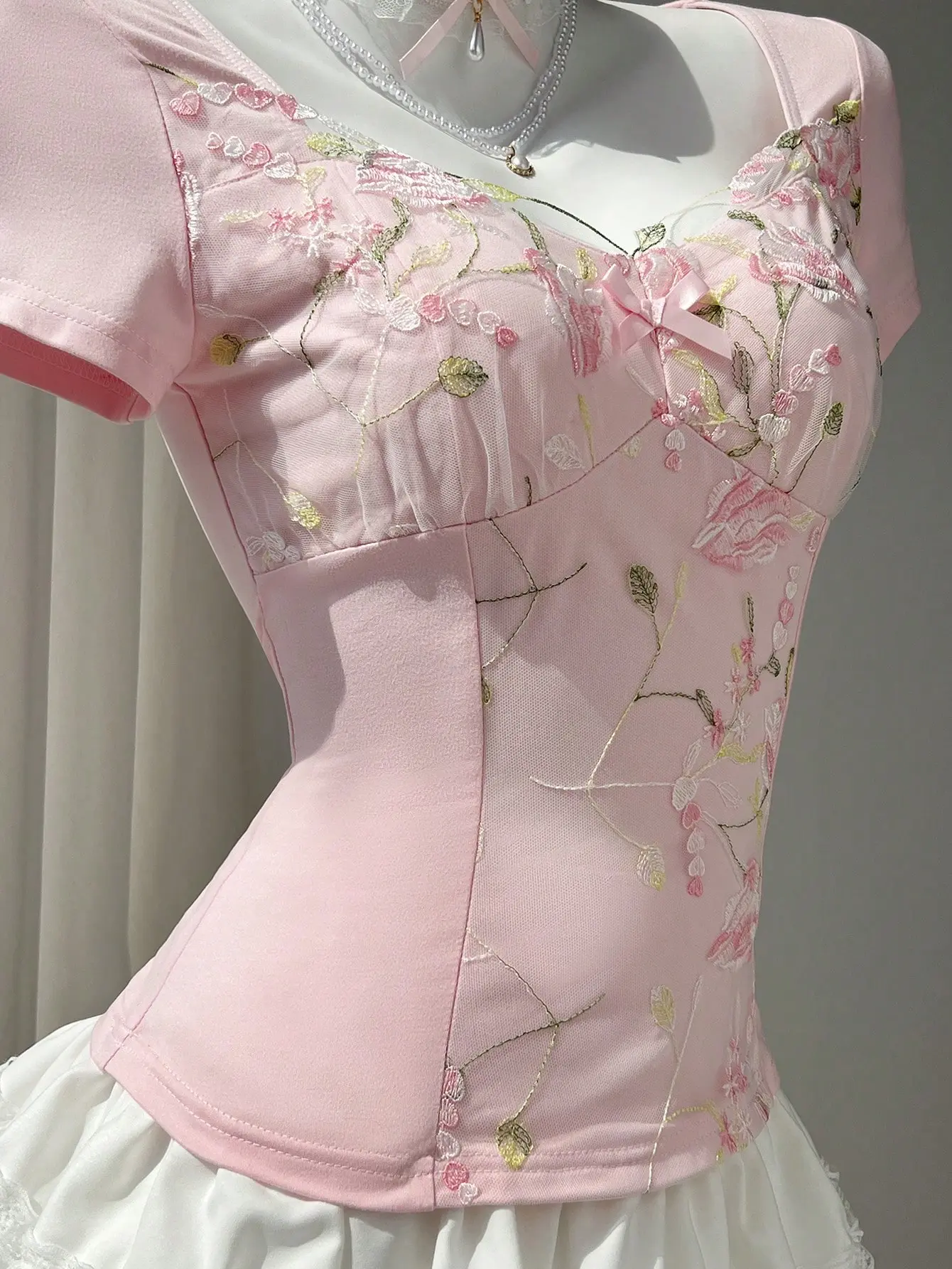 Women's Pink Floral Fairycore Tea Party Dress Heart Neck Ruffle Waist Cinched Short Sleeve Summer Dress