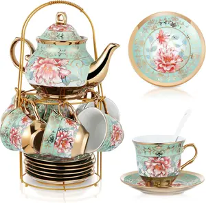 20 Pcs Porcelain Tea Set with Metal Holder, Mother Day Gift for Mom, European Ceramic Tea Set for Adults, Porcelain Flower Tea Party Set Cups Saucer Service for 6, Beautiful Tea Set for Women, Tea Party Set, Gift Pack