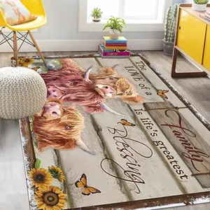 Highland Cow Pattern Floor Mat, 1/2 Counts Non-slip Washable Floor Carpet, Decorative Area Rug for Home Living Room Bedroom Kitchen, Boho Rugs