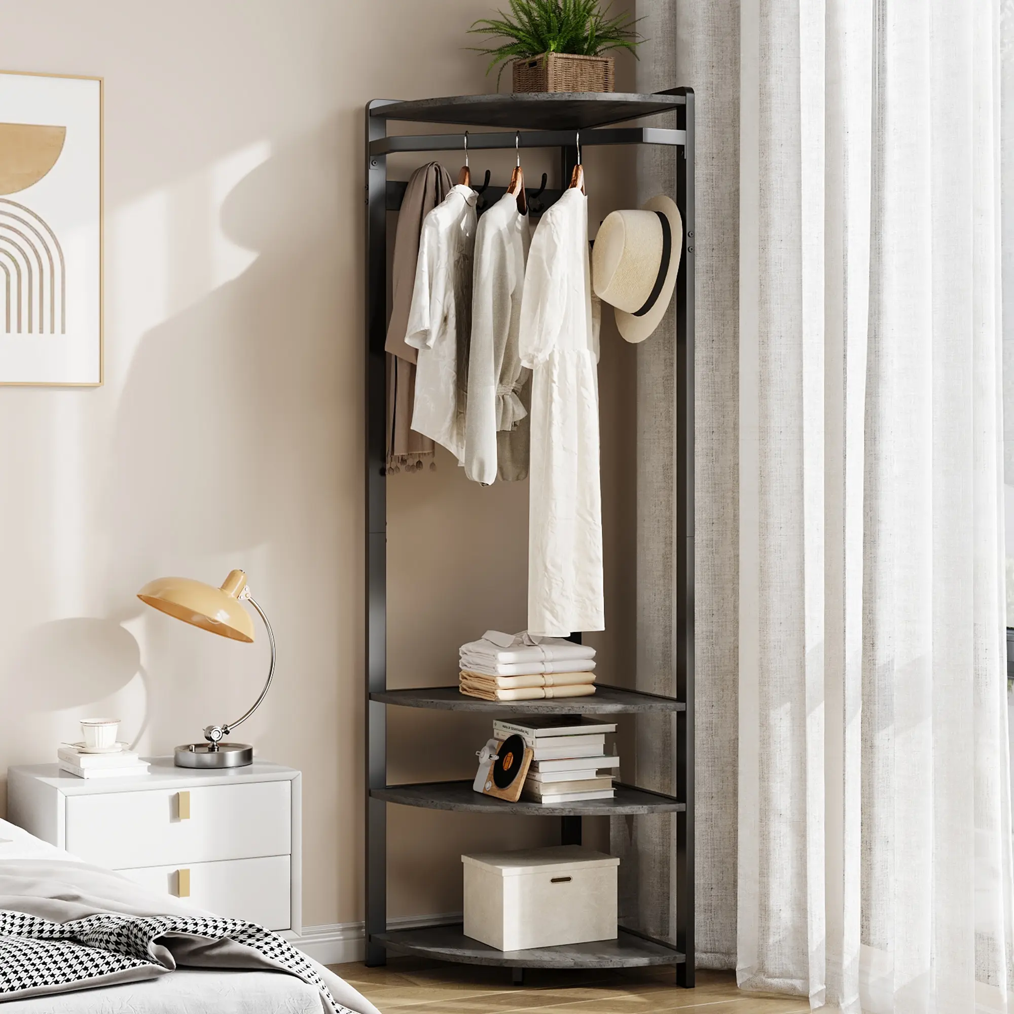 Space-Saving Semi-Circular Corner Hall Tree, Freestanding Entryway Coat Rack with Shoe Bench, 6 Double Hooks & 4-Tier Storage Shelf, Sturdy Organizer for Hallway Bedroom Closet