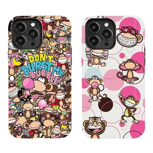 Funny Monkey Phone Case , Cute Cartoon Graffiti Pattern with Pink Dots, Trendy Y2K Protective Cover Suitable for iPhone 17-11 Pro Max/Plus and  Samsung Galaxy S23-25