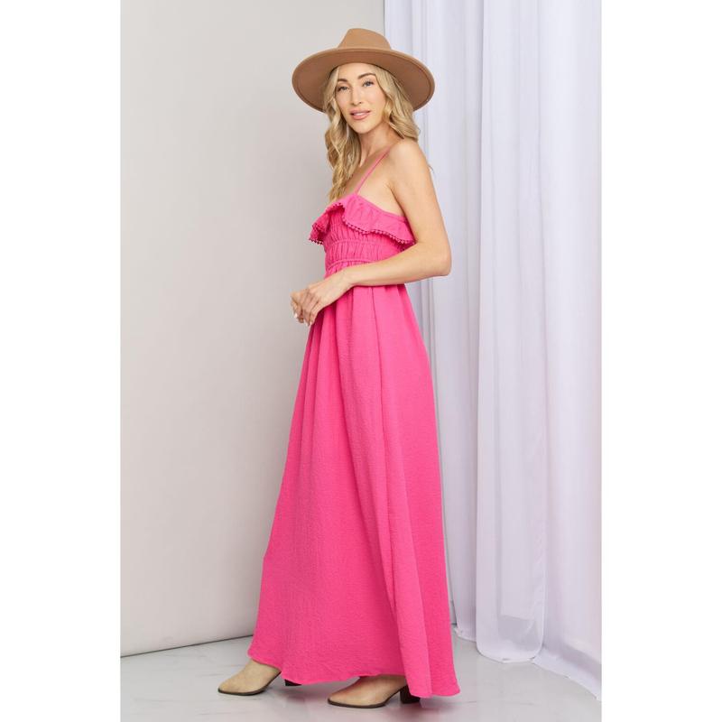 White Birch What In Carnation Full Size Shirred Sleeveless Dress