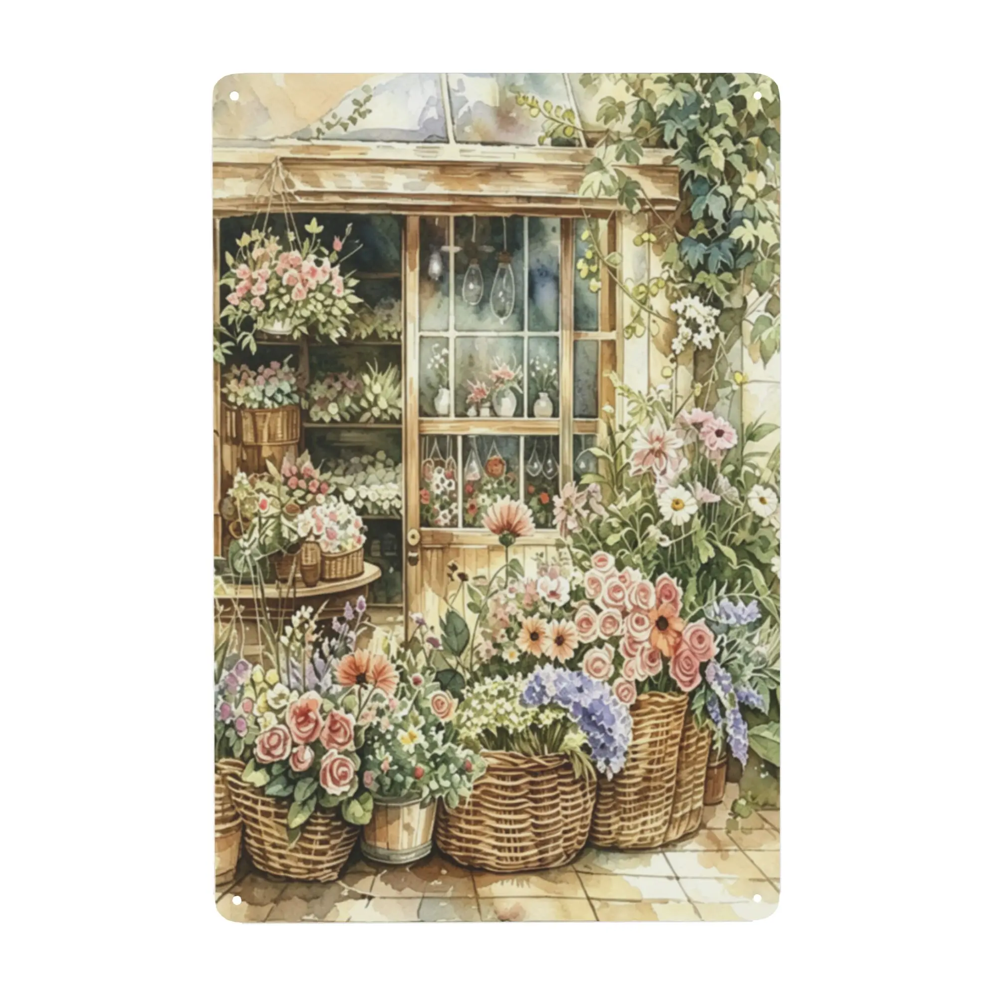 Vintage Country Flower Shop Tin Plaque - Casual Decorative Home Decor Wall Sign, Retro Florist Storefront Design with Woven Baskets, Roses, Peonies, Hydrangeas, Ivy Vines, Aged Cream Rust Iron, Glass-Paned Window, Florist Gift