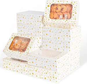 24Pcs Christmas Cookie Boxes with Window - Gold Foil Star Pastry Boxes for Gift Giving, Bakery Boxes, White Christmas Cookie Tins with Lids,Dessert, Donut, Baked Goods Packaging
