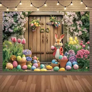 Easter Themed Backdrop,  Cute Rabbit & Egg Pattern Backdrop, Easter Party Decoration, Photo Prop, Party Decoration Supplies, Banners