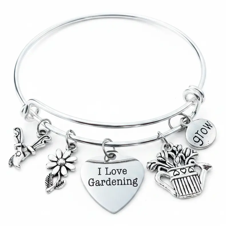 I Love Gardening Charm Bracelet | Grow, Daisy, Flower Pot & Pruning Shears Silver Bangle