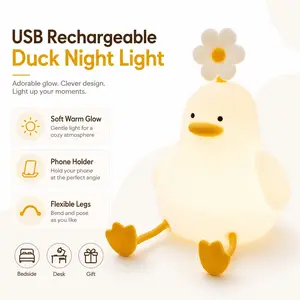 USB Rechargeable Duck Night Light, Soft Warm Glow, Touch Control, Phone Holder, Flexible Legs, Portable Mood Lamp for Bedside, Desk, Kids' Room