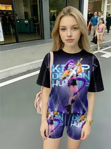 ✨Best Seller | Purple & Black Gradient K-POP Gamer Girl Set, Loose T-shirt + Biker Shorts 2-Piece