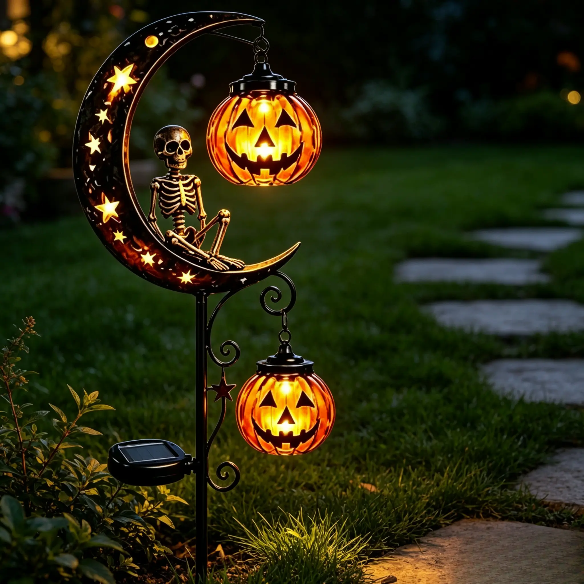 Solar Black Cat & Pumpkin Moon Stake Light, Halloween Solar Powered Garden Pathway Stake Lamp, Waterproof Outdoor Yard Lawn Festival Decoration