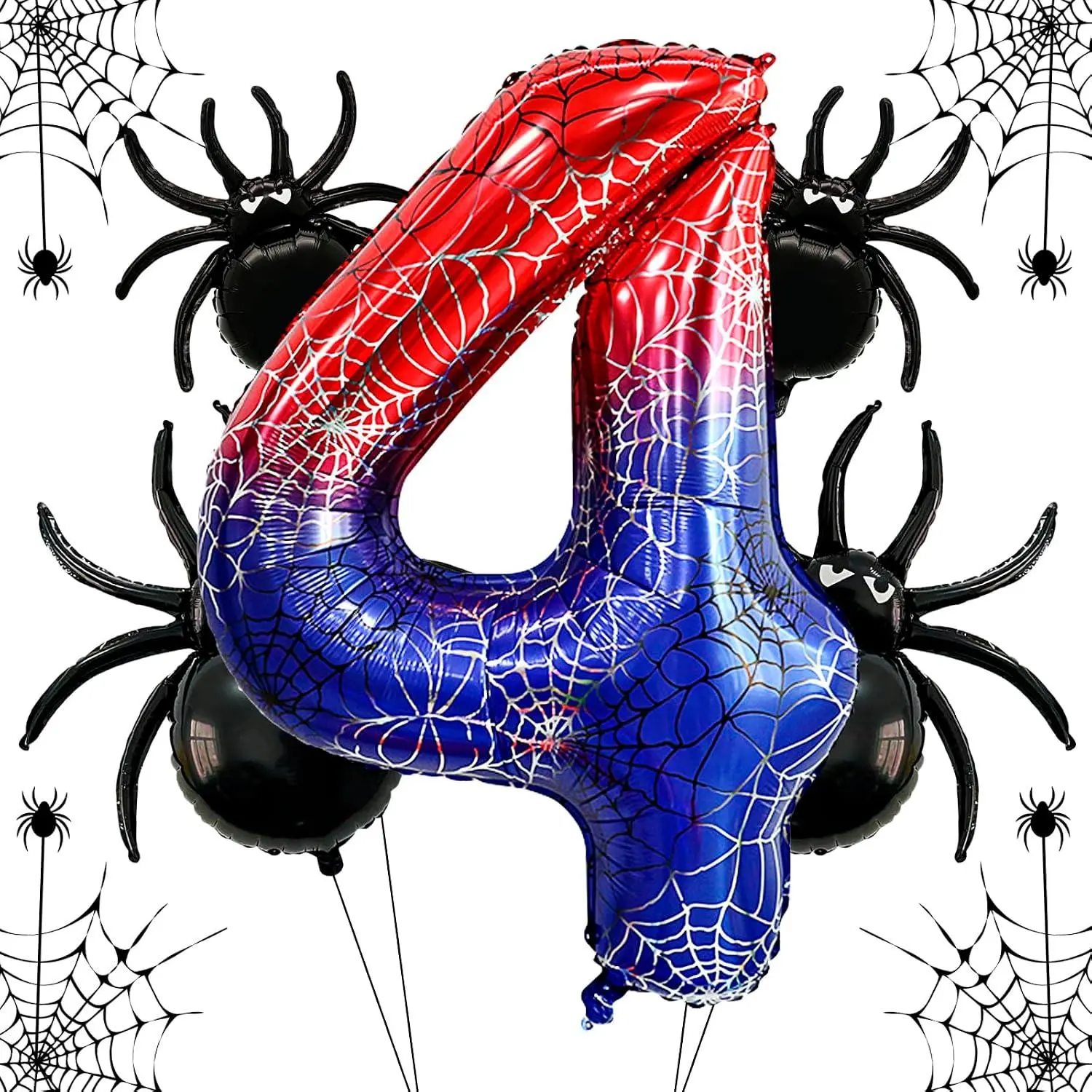 Spider Birthday Party Balloon Decorations - 40 Inch Web Number & Black Giant Spider Foil Balloons, Friends Party Favors, Red And Blue Large Balloon Birthday Decor Supplies For Boys Girl (Number 4)