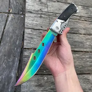 Large folding knife with ebony handle and sheath, 7.2-inch blade, suitable for pocket carry, camping, hiking, BBQ, adventure and survival tool (Rainbow design).