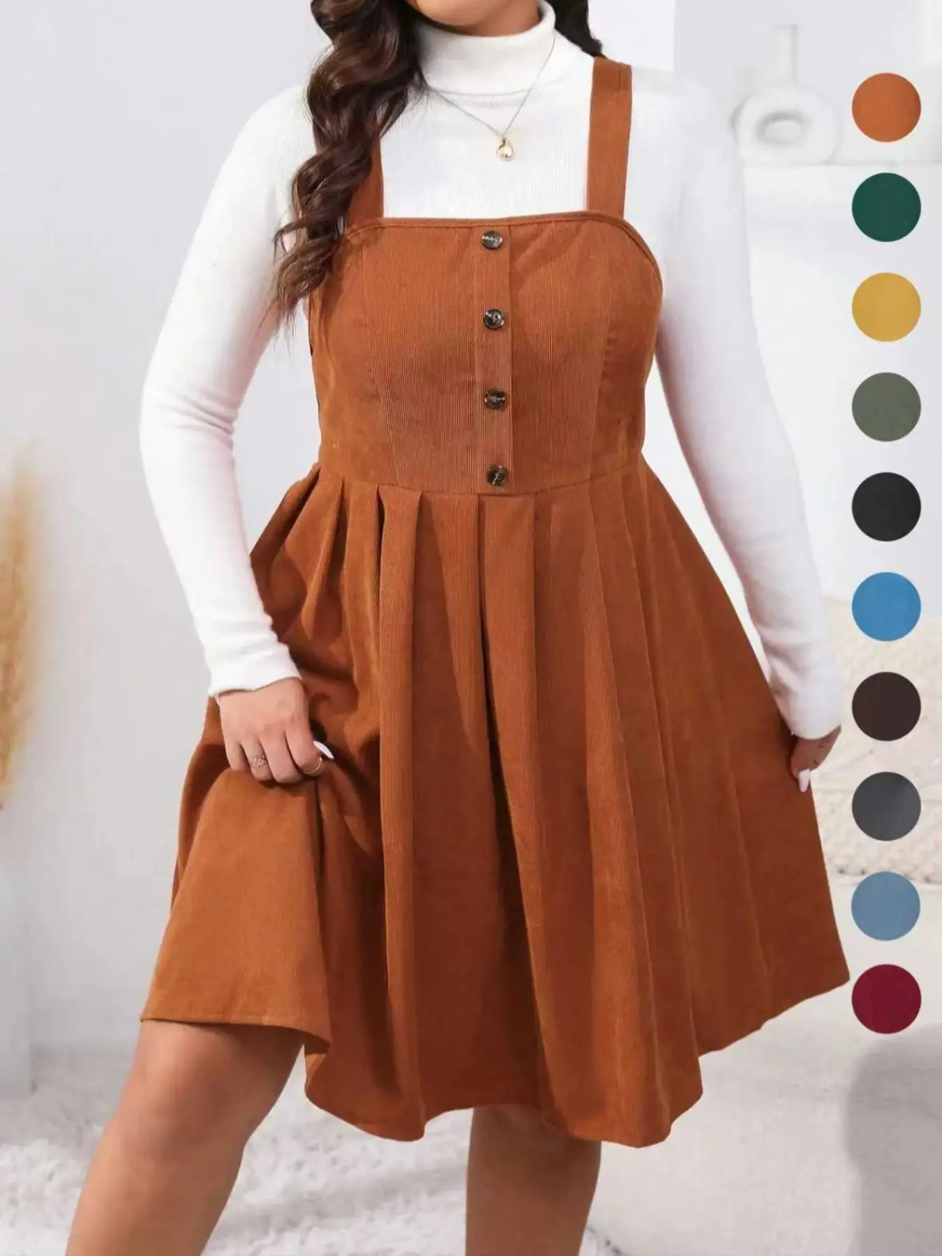 Plus Size Fitted Button Decor Pleated Woven Pinafore A-Line Dress, Casual Sleeveless Tank Dresses for Fall & Winter Daily Wear Holiday, Women's Clothes Womenswear, without Sweater, Spring - TikTok Shop Plus Size Fitted Button Decor Pleated Woven Pinafore A-Line Dress, Casual Sleeveless Tank Dresses for Fall & Winter Daily Wear Holiday, Women's Clothes Womenswear, without Sweater, Spring - TikTok Shop