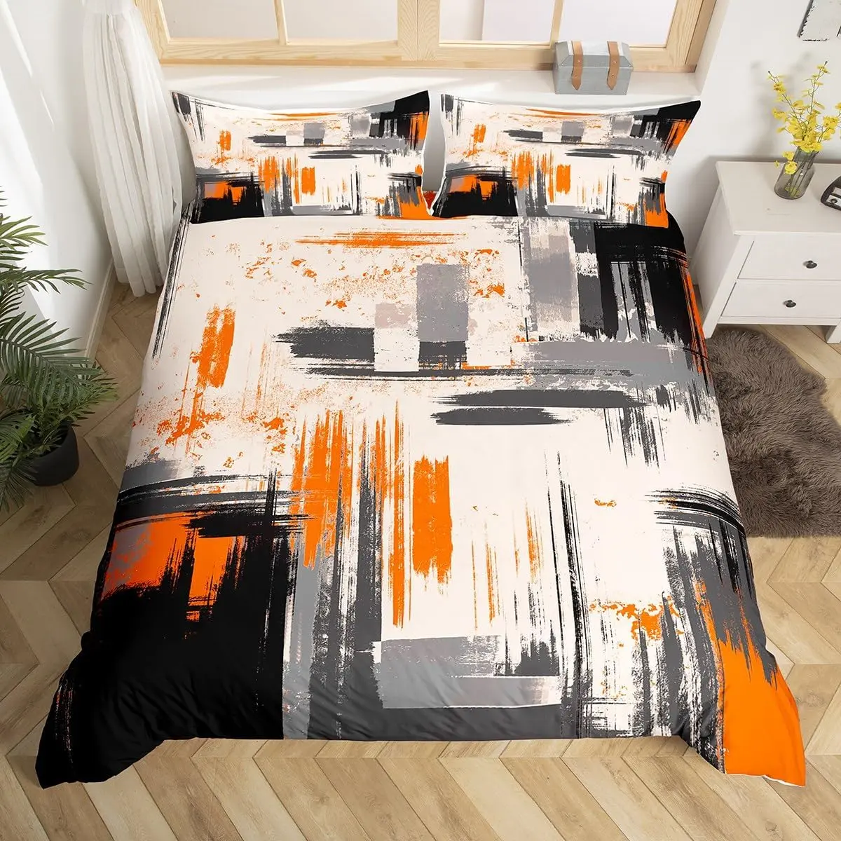 Modern Luxe Abstract Print Full Duvet Cover - Orange-Grey-Black Flat Weave Polyester Microfiber, Machine Washable Duvet, Lightweight, Home Decorative Bedding, Multi-Size, Vibrant Design (No Comforter)