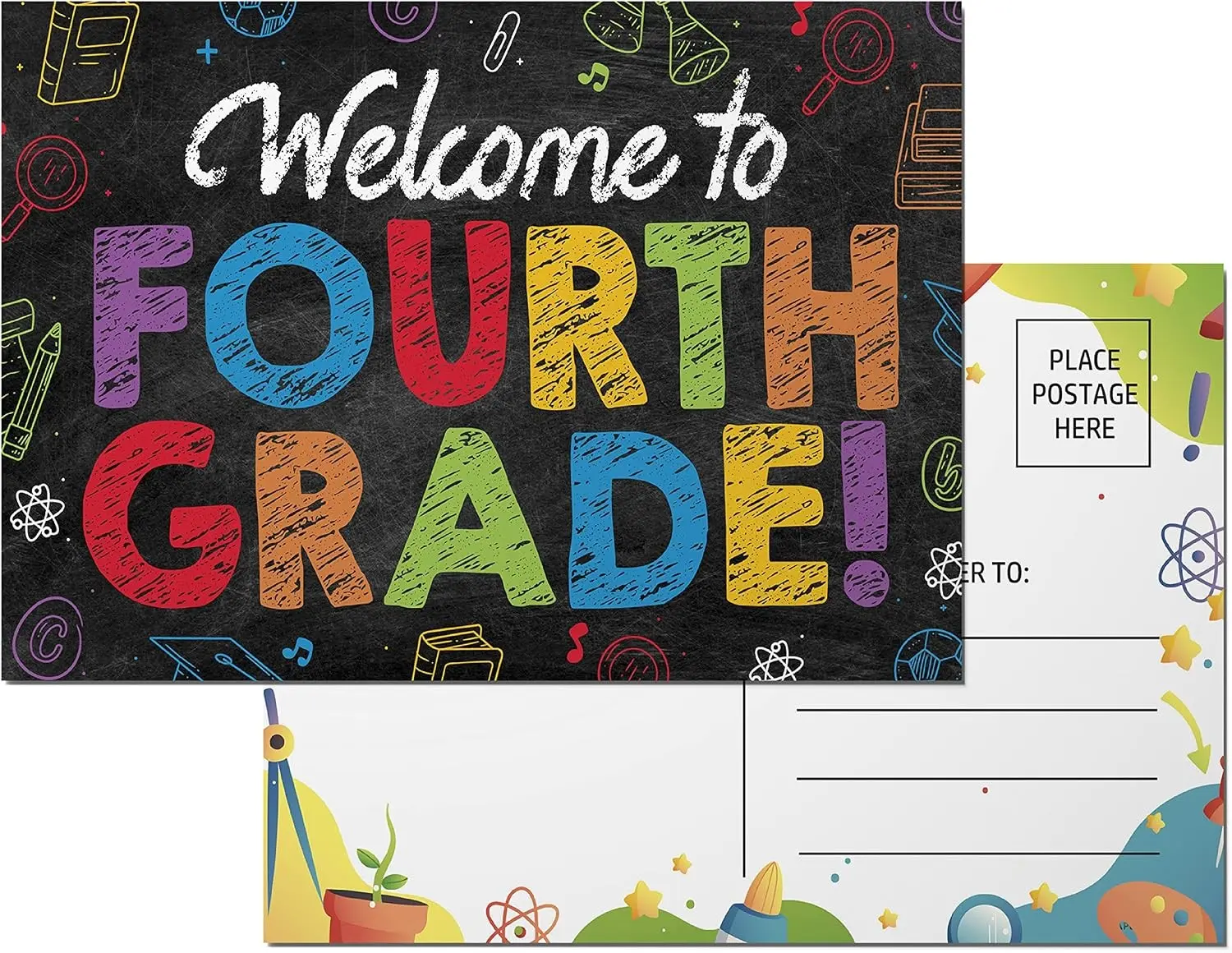Welcome To 4th Grade Postcards - (50 Pack) 4"X6" Welcome Back to School Postcards For Students | Colorful Chalkboard Themed Welcome To My Class Postcards From Teacher