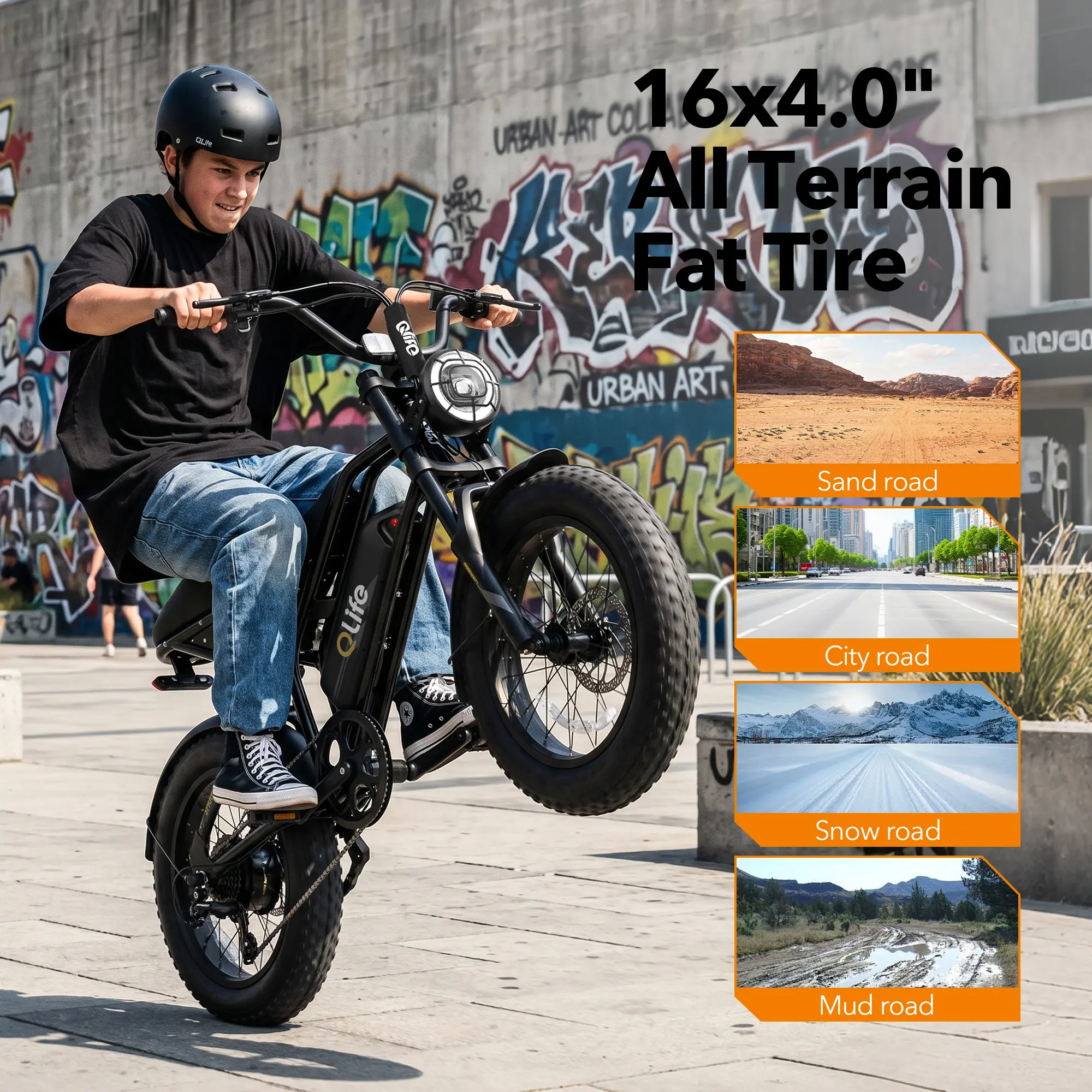Qlife Spark D1 Electric Bike for Kids & Teens, 1500W Peak Motor Electric Dirt Bike, 48V 10.4Ah Battery Ebike, 16" Fat Tire Electric Motorcycle, Full Suspension Outdoor Mini E Bike, 28MPH，7-Speed