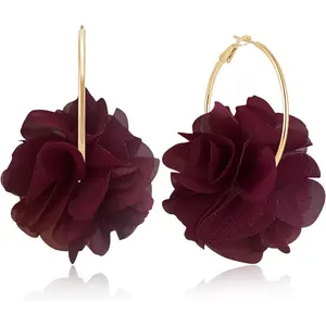 Bohemian Aesthetic Fabric Flower Lightweight Hoop Earrings Handmade Summer Vacation Dangle Drop Earrings For Women
