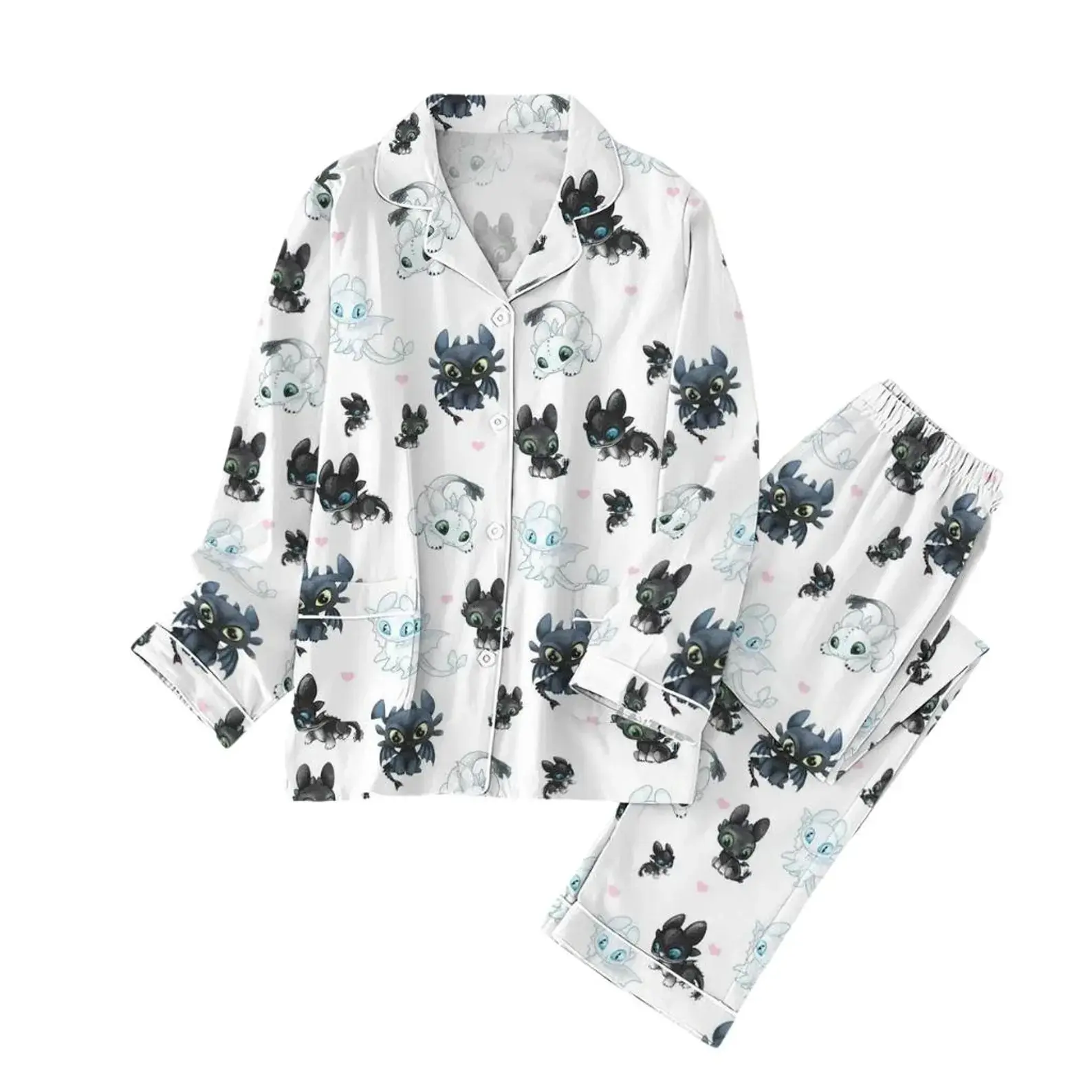 Cute Cartoon Dragon Satin Pajama Set for Women with Toothless and Light Fury Print, Long Sleeve White Sleepwear Set for Cozy Nights or Gifts