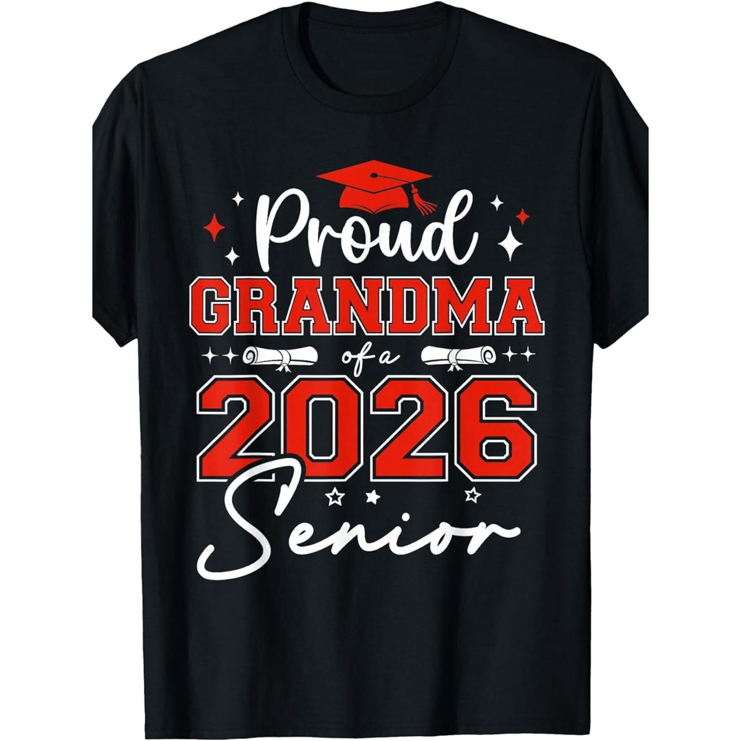 Celebrate the Class of 2026 with Proud Grandma T shirt Featuring Diploma Design in Black with Red Letters Unisex Comfortably Crafted Plus Size Casual Round Neck Gift for Graduates Birthday and Holiday