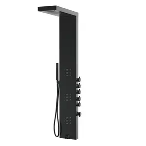 55 in. 3-Jet Stainless Steel Matte Black Shower Panel System with Fixed Rainfall & Waterfall Shower Head, Tub Spout & Handheld Shower, Self-Cleaning & Jet Massage Feature