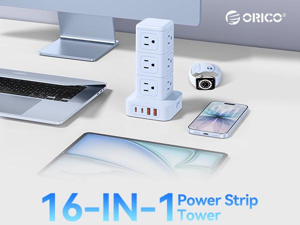 ORICO Power Strip Tower with Multiple Outlets, Tower Extension Cord with 12 AC Outlets 4 USB Ports (2 USB C), Space Saving Design, 5FT Cord Power Tower for Home, Office, Dorm - TPP20