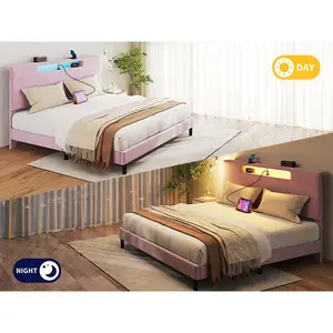King Size Bed Frame with Charging Station and Adjustable LED Light Wood Slat Support Bed Frame with Upholstered Headboard No Box Spring Needed Easy Assembly