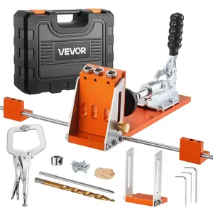 【FathersDayGift】 VEVOR Pocket Hole Jig Kit, 1/2 to 1-1/2 in Adjustable, Jig Pocket Hole System with Toolcase, C-Clamp, Step Drill, Hex Wrench, Drill Stop Ring, Square Drive Bit, Reinforced Metal Frame, for Woodworkin