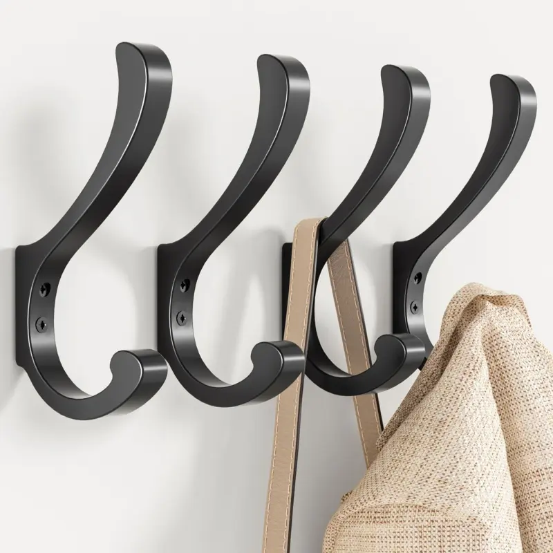 4 PCS heavy-duty hanger hooks - oversized (5.4 inches) wall mounted hooks, suitable for backpacks, bags, clothes, towels - black metal screw hooks, Door hooks for hanging towels, suitable for corridors, wardrobes, doors, bathrooms