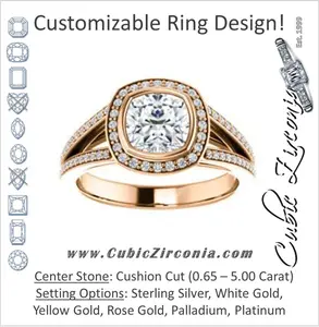 Cubic Zirconia Engagement Ring- The Maritza (Customizable Bezel-Halo Cushion Cut Style with Pavé Split Band & Euro Shank)