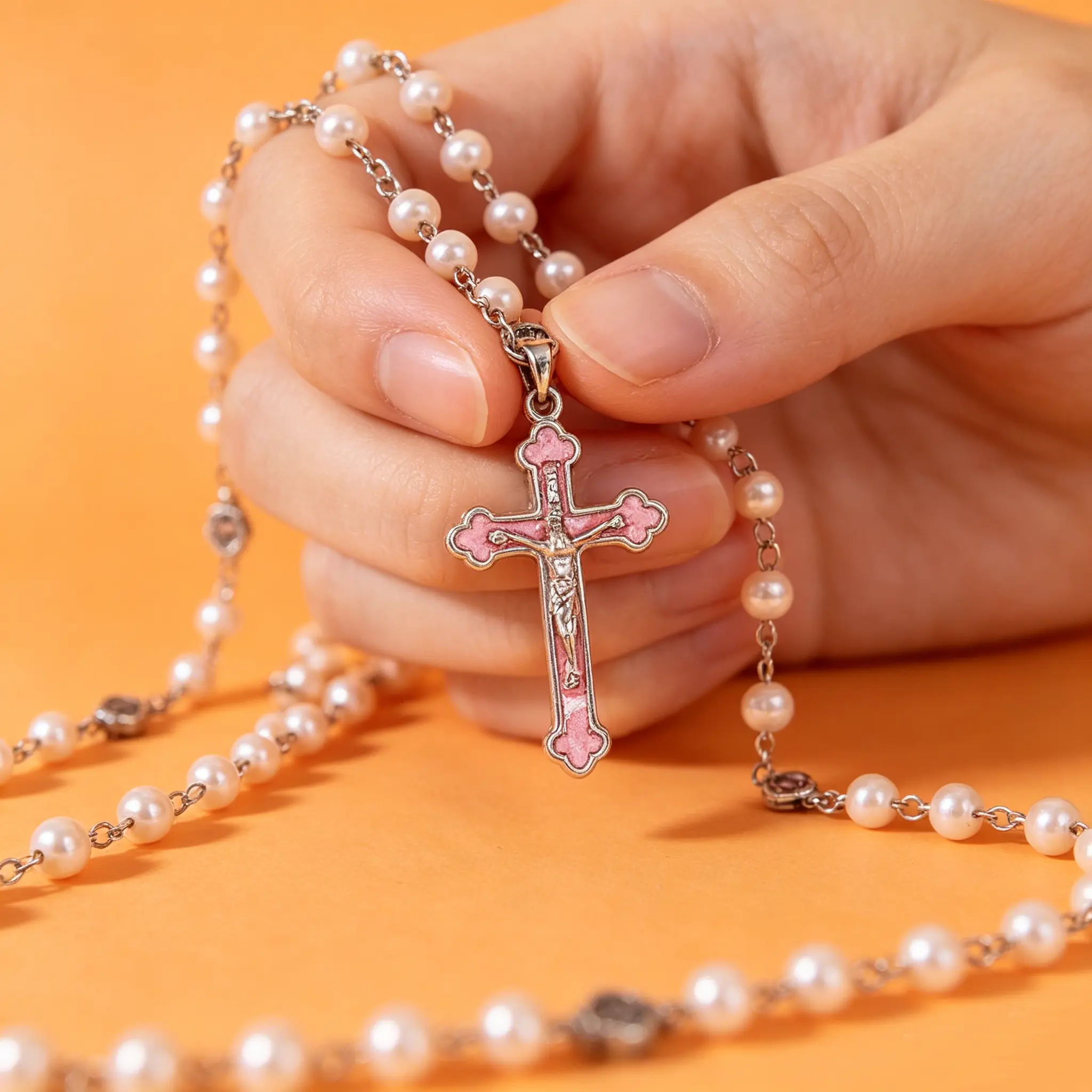 Catholic Rosary Necklace with 6mm Simple Pearl Beads, Capped 8mm Beads & Anti-Silver Crucifix - 53cm Religious Jewelry for Men & Women with Miraculous Medal Gift Box, Beaded Pattern, Daily Wear