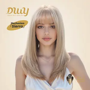 Safire F-DWY Machine Made Free Part Long Straight Hairstyle Light Ash Blonde Glueless Synthetic Wig with Blunt Bangs for Women 20 Inches