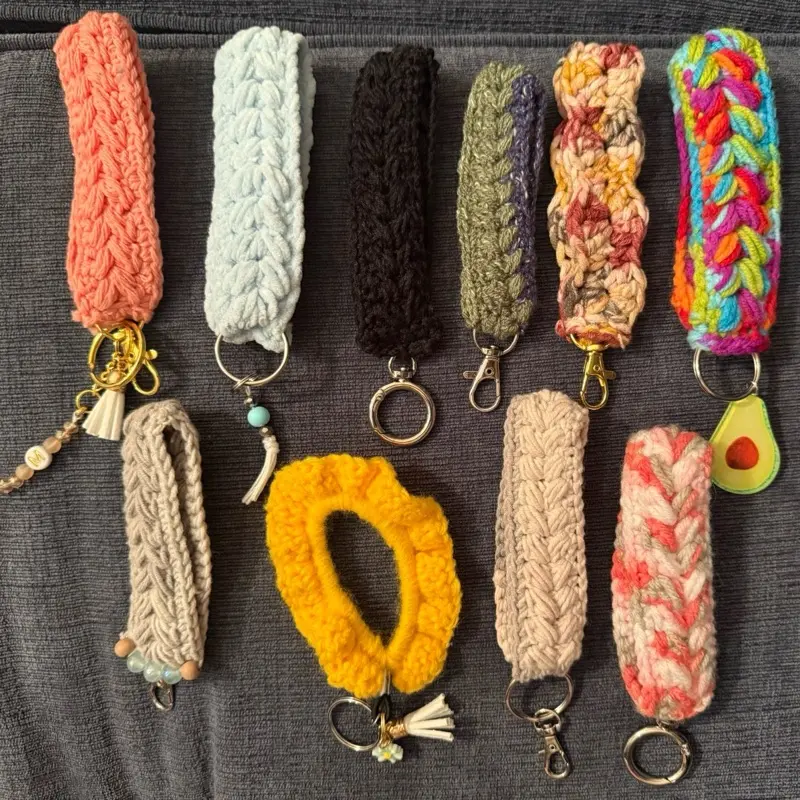 Crochet Wristlet Keychains - Handmade gifts- customizable keychains - charms available - rainbow, coral, black, green, grey, multi-color, beaded.