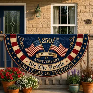 Vintage US Flag 250th Anniversary Semicircle Banner 1776-2026 We The People Patriotic Half Circle Fence Banner