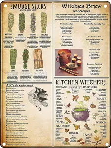 Witches Magic Knowledge Tin Sign Kitchen Witchery Retro Metal Poster Novelty Funny Restaurant Wall Decoration Poster Plaque 12x8 Inches Witchery4
